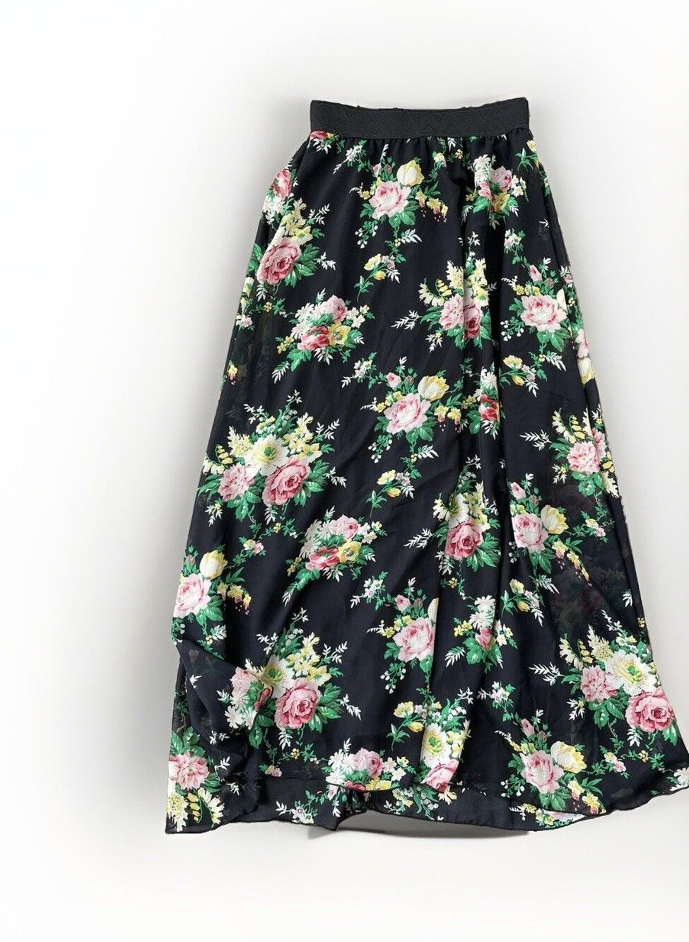 LuLaRoe Black Floral Maxi Skirt Lined Size 2XS XXS Elastic Waist